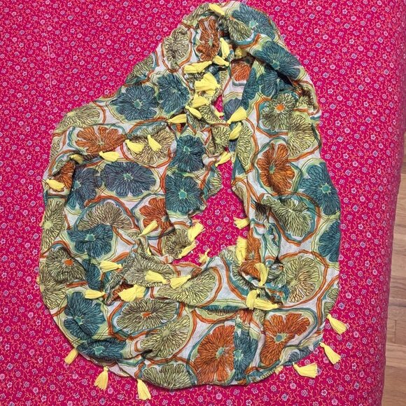 NWT Charming Charlie Scarf Orange Lime Citrus Splash Tassel Fringe Infinity Boho - Picture 5 of 6